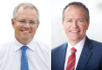 時期連邦選挙戦に臨むスコット・モリソン首相(左)と野党労働党のビル・ショーテン党首