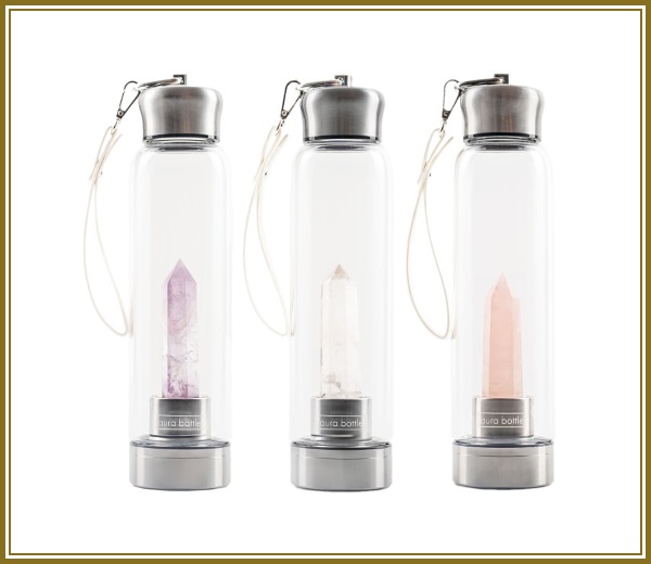 Crystal infused water bottle(500ml)左からアメジスト、クリア・クォーツ、ローズ・クォーツ各$97