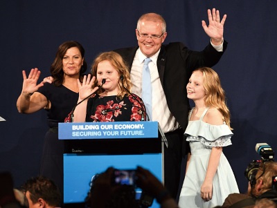 5月18日夜、シドニーのウェントワース・ホテルで勝利宣言を行うスコット・モリソン首相(Photo: AFP)