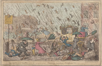 1820年ジョージ・クルックシャンク作のエッチング「Very unpleasant Weather」25.6cm x 39.4cm