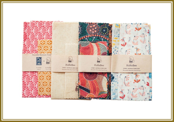 左から、Kamawanu 2 Size Pack($30)、 Unbleached Organic Hemp & Cotton 3 Size Pack($35)、Aboriginal Design 3 Size Pack($35)、Organic Cotton 3 Size Pack($35)
