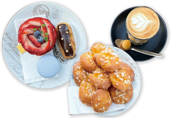 時計回りに、フランス革命記念日に販売された、国旗の3色を表現したマカロンやケーキ。期間限定のメニューは、SNSで告知される。コーヒーについてくる小さいクッキーがうれしい。シューケット(Chouquette 1dozen $7.50 / half dozen $4)