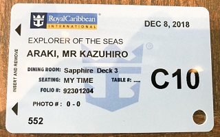 乗船時に受け取る名入りのクルーズ・カードはクレジット・カードとリンクしている