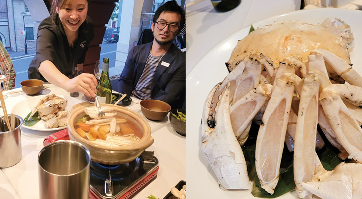 (写真左)WA州から直送したスノークラブの鍋を囲んで(写真右)その名の通り奇麗な白色が特徴