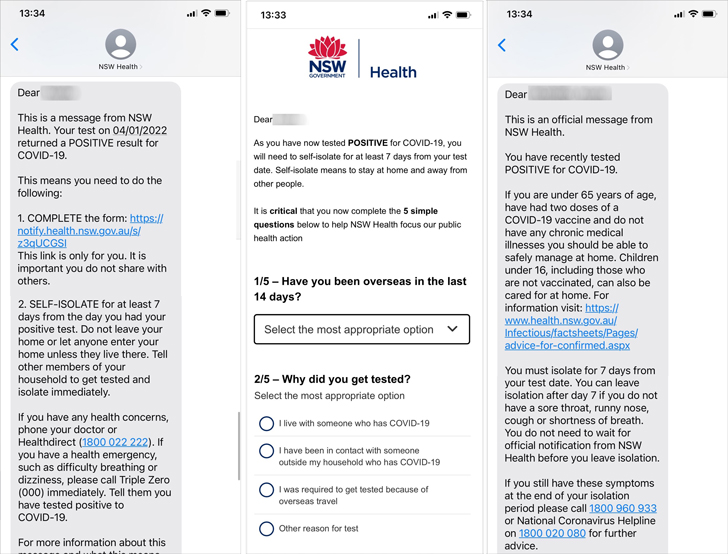 NSW Healthから送られてきたテキストメッセージ