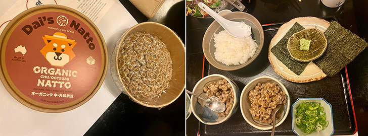 写真左から:岩瀬大吾氏提供のオーガニック納豆、納豆で海苔巻き