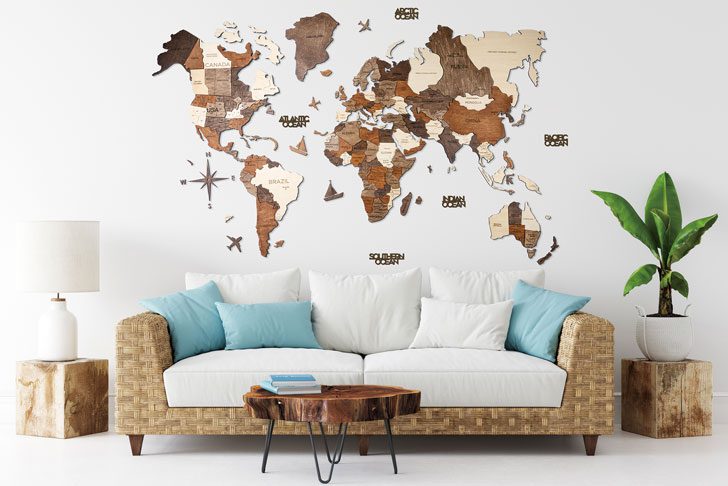 Enjoy the wood」の壁掛け木製世界地図「3D World Map Multicolor