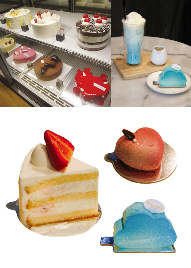 さまざまなホール・ケーキのデザインがあり、希望に沿ったケーキをオーダーすることができる。（左下）Strawberrycake(ストロベリー・ケーキ$8)、（左中）Raspberryheart(ラズベリー・ハート$8)（右下）同店一押しのケーキ、Ciel(シエル$8)