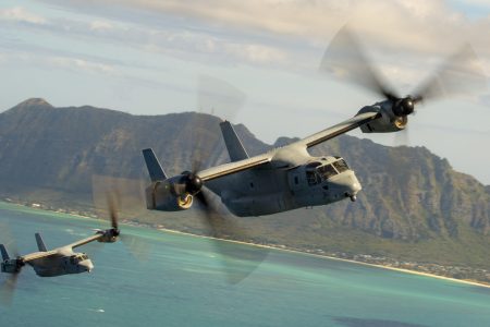 U.S. Marines with Marine Medium Tiltrotor Squadron 268, Marine Aircraft Group 24, conduct a flight training exercise with the MV-22B Osprey along the shores of Oahu, Hawaii, May 28, 2020. The flight allowed Marines of VMM-268 the opportunity to train in mission essential tasks, increasing proficiency and ensuring overall readiness for the unit. (U.S. Marine Corps photo by Cpl. Eric Tso)