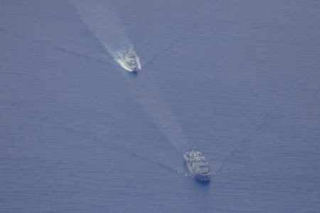 From left - Peoples Liberation Army-Navy Renhai-class cruiser Zunyi, and Fuchi-class replenishment vessel Weishanhu. *** Local Caption *** As part of Australias whole-of-government maritime border protection efforts, Defence routinely monitors all maritime traffic in our Exclusive Economic Zone and maritime approaches. Australia respects the right of all states under international law to exercise freedom of navigation and overflight in international waters and airspace, just as we expect others to respect our right to do the same.