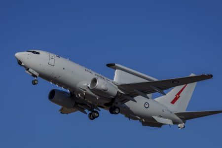An E-7A Wedgetail departs for a mission during Exercise Arnhem Thunder 25 from RAAF Base Darwin.