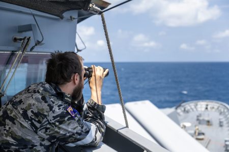Leading Seaman Boatswains Mate Jack Dimmack looks out at the horizon as bridge watch on HMAS Toowoomba while in the South China Sea. *** Local Caption *** HMAS Toowoomba sailed from Fleet Base West to carry out Regional Presence Deployment 2026-2.
Throughout RPD-26-2, Toowoomba will operate alongside regional neighbours and partners to conduct training, overcome shared security challenges, and strengthen Australia's enduring commitment to a stable and secure Indo-Pacific. 
Australia's near continuous naval presence supports a region where sovereignty is respected, international law is upheld, and sea lines of communication remain open.