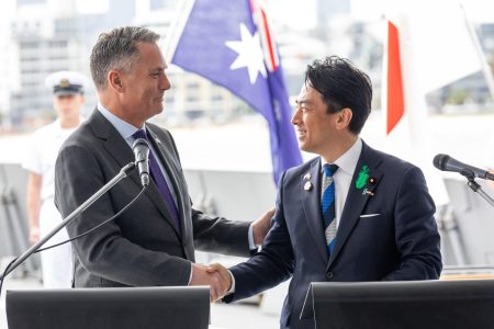Deputy Prime Minister and Minister for Defence, the Hon Richard Marles MP, after holding a joint press conference with the Minister of Defense of Japan Koizumi Shinjiro, in Melbourne, Australia. *** Local Caption *** On 18 April, the Hon Richard Marles MP welcomed Japanese Defense Minister KoizumiShinjiro to Australia. In Melbourne, Ministers held a Defence Ministers Meeting to strengthen defence cooperation between Australia and Japan. The Australian Government also approved the acquisition of the first three of eleven upgraded Mogami class frigates to be built by Mitsubishi Heavy Industries in Japan. The Australia-Japan partnership supports regional deterrence and helps ensure stability, security and prosperity in the Indo-Pacific.