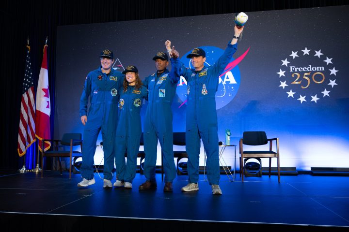 The Artemis II crew of Mission Specialist Jeremy Hansen from the CSA (Canadian Space Agency) and Mission Specialist Christina Koch, Pilot Victor Glover, and Commander Reid Wiseman from NASA are seen during a crew return event, Saturday, Apr. 11, 2026, at Eillington Field in Houston, Texas. NASA’s Artemis II test flight took Commander Reid Wiseman, Pilot Victor Glover, and Mission Specialist Christina Koch from NASA, and Mission Specialist Jeremy Hansen from the CSA (Canadian Space Agency) on an approximately nine-day mission around the Moon and back to Earth. Photo Credit: (NASA/John Kraus)