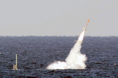 030114-N-XXXXX-001
At sea with USS Florida (SSBN 728) Jan. 14, 2003 -- USS Florida launches a Tomahawk cruise missile during Giant Shadow in the waters off the coast of the Bahamas.  Giant Shadow is a Naval Sea Systems Command (NAVSEA)/Naval Submarine Forces experiment to test the capabilities of the NavyÕs future guided missile submarines.  Florida is one of four Ohio-class ballistic missile submarines (SSBN) being converted to guided missile submarines (SSGN).  Giant Shadow is the first experiment under the ÒSea TrialÓ initiative of the Chief of Naval OperationsÕ Sea Power 21 vision and the first in a series of experiments before converting and overhauling the four SSBNs to SSGNs.  The SSGNs will have the capability to support and launch up to 154 Tomahawk missiles, a significant increase in capacity as compared to other platforms.  U.S. Navy photo.  (RELEASED)