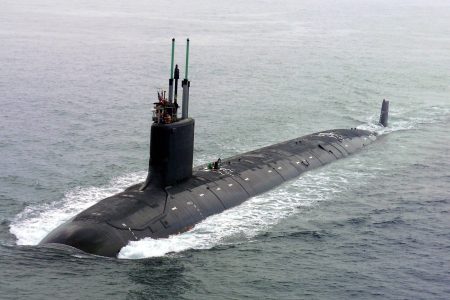 040730-N-1234E-002
Groton, Conn. (July 30, 2004) - The nationÕs newest and most advanced nuclear-powered attack submarine and the lead ship of its class, PCU Virginia (SSN 774) returns to the General Dynamics Electric Boat shipyard following the successful completion of its first voyage in open seas called "alpha" sea trials. Virginia is the NavyÕs only major combatant ready to join the fleet that was designed with the post-Cold War security environment in mind and embodies the war fighting and operational capabilities required to dominate the littorals while maintaining undersea dominance in the open ocean. Virginia and the rest of the ships of its class are designed specifically to incorporate emergent technologies that will provide new capabilities to meet new threats. Virginia will be delivered to the U.S. Navy this fall. U.S. Navy photo by General Dynamics Electric Boat (RELEASED)