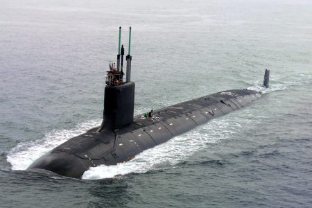 040730-N-1234E-002
Groton, Conn. (July 30, 2004) - The nationÕs newest and most advanced nuclear-powered attack submarine and the lead ship of its class, PCU Virginia (SSN 774) returns to the General Dynamics Electric Boat shipyard following the successful completion of its first voyage in open seas called "alpha" sea trials. Virginia is the NavyÕs only major combatant ready to join the fleet that was designed with the post-Cold War security environment in mind and embodies the war fighting and operational capabilities required to dominate the littorals while maintaining undersea dominance in the open ocean. Virginia and the rest of the ships of its class are designed specifically to incorporate emergent technologies that will provide new capabilities to meet new threats. Virginia will be delivered to the U.S. Navy this fall. U.S. Navy photo by General Dynamics Electric Boat (RELEASED)
